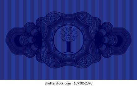 Guilloche decoration tree icon inside Blue realistic badge. Bars graceful background. Artistic illustration. 