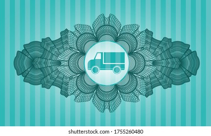 Guilloche decoration truck icon inside Turquoise color badge. Bars exquisite background. Artistic illustration. 