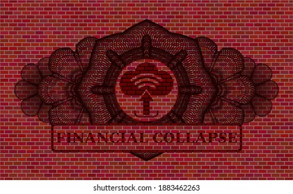 Guilloche decoration upload icon and Financial Collapse text brick wall emblem. Tiles classic background. Artistic illustration. 