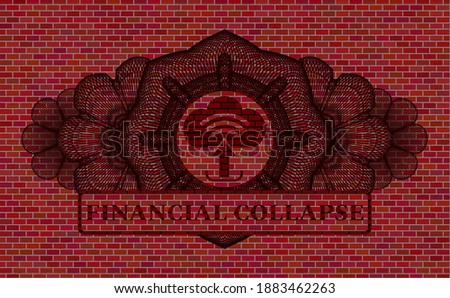 Guilloche decoration upload icon and Financial Collapse text brick wall emblem. Tiles classic background. Artistic illustration. 