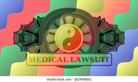 Guilloche decoration Yin yang icon and Medical Lawsuit text Colorful candy multicolored emblem.Curvy fashionable background. Intense illustration. 