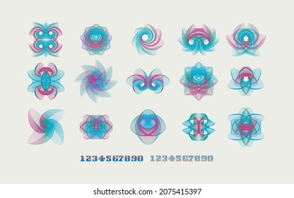 Recopilación de elementos y números de guilloche para el certificado o diploma, y diseño de moneda. Vector Premium
