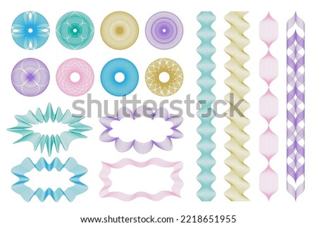 Guilloche elements set. Colorful linear money watermark. Geometric round, spiral and secure guilloches for passport or cheque. Spirograph patterns and borders. Vector illustration