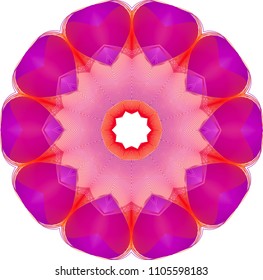 Guilloche fan rosette with light lattice woven doiley and floating solid color fuchsia petals wrapped in deep red orange lines.
