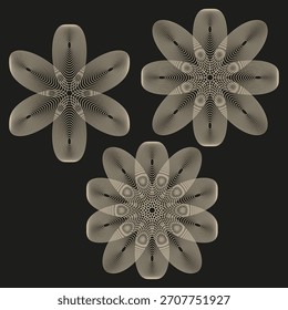 Padrões florais guilhochês. Design de linha radial. Vetor de roseta abstrato. Detalhe de plano de fundo escuro.