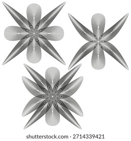 Guilloche flower patterns. Radial mesh elements. Abstract rosette Vector. Clean white background. EPS 10.