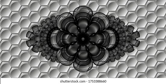 Guilloche grey hexagon pattern realistic badge. Trendy delicate background. Artistic illustration. 