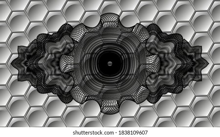 Guilloche grey shiny hexagon pattern realistic emblem. Trendy delicate background. Vector illustration. 