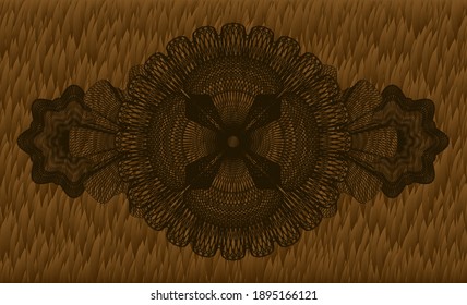 Guilloche Hairy brown fur realistic badge. Animal handsome background. Vector illustration. 