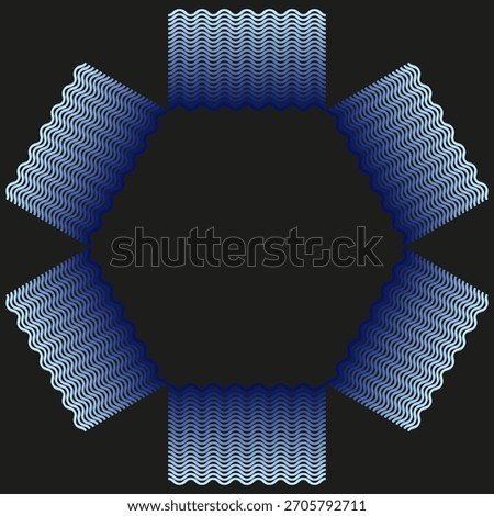 Guilloche hexagon frame. Blue wavy pattern. Symmetric border Vector shape. Dark black background.