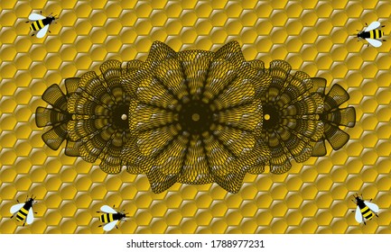 Guilloche honey bees emblem. beekeeping fashionable background. Intense illustration. 