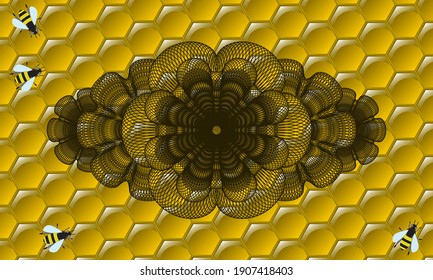 Guilloche honey bees realistic badge. beekeeping delicate background. Illustration. 
