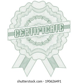 Guilloche label with ribbons. Text: "CERTIFICATE". Ideal for certificate, diploma, voucher, currency and money design, banknote. / Stock vector / CMYK color / All lines and color are easy editable.