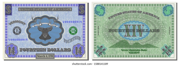 Guilloche mesh. Fictional 14 US dollars Vermont and motto freedom and unity