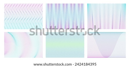 Guilloche moire pattern. Soft color wave line textures, geometric optical illusions and abstract wavy vector background set. Passport or certificate watermarks fro protection seamless elements