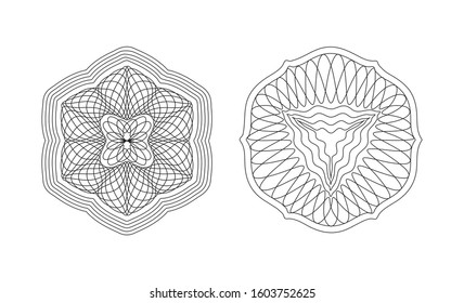 Guilloche pattern. Spirograph ornament. Currency design. Pattern for graduation, business, award, coupon, banknote and banner. Rosette linear watermark  for documentation, certificate. Line drawing.