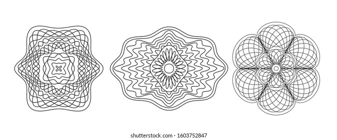 Guilloche pattern. Spirograph ornament. Currency design. Pattern for graduation, business, award, coupon, banknote and banner. Rosette linear watermark  for documentation, certificate. Line drawing.