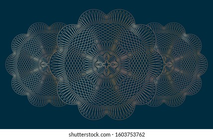 Guilloche pattern. Spirograph ornament. Currency design. Gold gradient. Pattern graduation, business, award, coupon, banknote. Rosette linear watermark  for documentation, certificate. Line drawing.