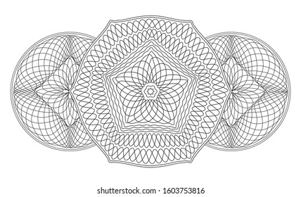 Guilloche pattern. Spirograph ornament. Currency design. Gold gradient. Pattern graduation, business, award, coupon, banknote. Rosette linear watermark  for documentation, certificate. Line drawing.