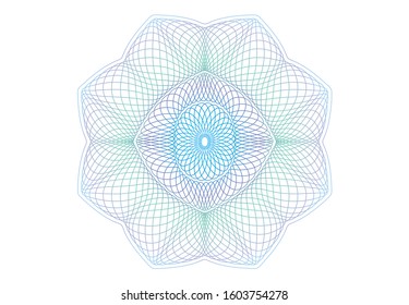 Guilloche pattern. Spirograph ornament. Currency design. Gold gradient. Pattern graduation, business, award, coupon, banknote. Rosette linear watermark  for documentation, certificate. Line drawing.