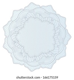 Guilloche pattern, watermark, blue rosette (line elements) for money design, voucher, currency, gift certificate, coupon, banknote, diploma, check, note