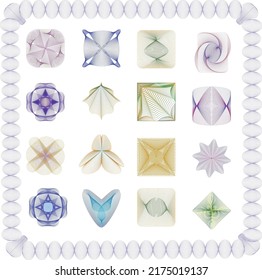 Guilloche pattern watermarks, geometric money watermark elements. Spiral twisted watermark ornaments vector illustration set. Abstract watermarks shapes. Bill, passport and certificate protection