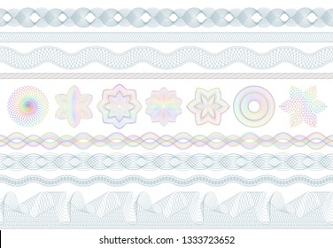 Guilloche patterns. Bank money security, banknotes seamless engraving and banking secure border. Banknote protective, protection engraved. Passport or diploma guilloche pattern vector set