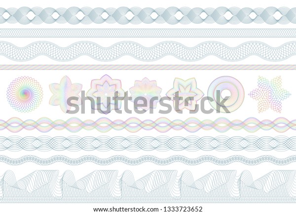 Guilloche patterns. Bank money security, banknotes\
seamless engraving and banking secure border. Banknote protective,\
protection engraved. Passport or diploma guilloche pattern vector\
set