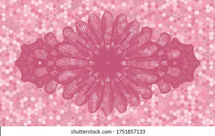 Guilloche pink color tiles mosaic style pattern realistic emblem. Geometric hexagon fancy background. Artistic illustration. 