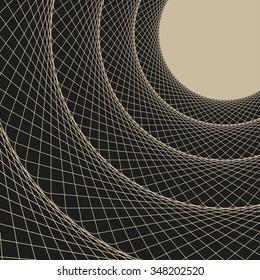Guilloche pipe curve, a perspective view from inside a web tunnel, with an open end, in black and cream
