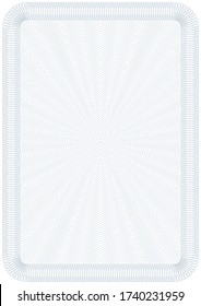 Rectángulo Guilloche para imprimir en hoja A4. Formato vertical para títulos, diplomas, documentos de adjudicación y certificados.  Patrón de malla en el centro con borde de espiral. Plantilla de guilloche vectorial en blanco.