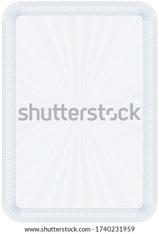Guilloche rectangle for printing on A4 sheet. Vertical format for securities, diplomas, award papers and certificates.  Mesh pattern in the center with spiral border. Blank vector guilloche template.