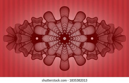Guilloche red color realistic badge. Bars delicate background. Artistic illustration. 