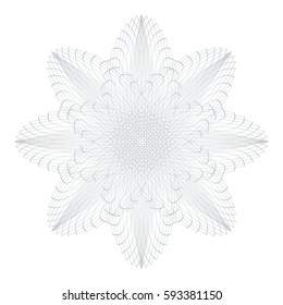 Guilloche rosette abstract silver grey lace contour on white (transparent) background. Vector illustration for invitations, banknotes, diplomas, certificates, tickets and other papers security design