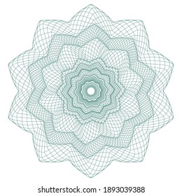 Guilloche rosette, grid, a template for the protection of securities, an ornament in the form of wavy curly lines in the form of a flower
