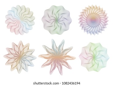 Guilloche rosette, isolated vector illustration. Set of decorative abstract element for diploma, certificate, warranty. Background with thin wavy color lines on white backdrop. Moire ornament texture.