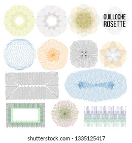 Guilloche Rosette Set Vector. Vintage Certificate Background. Guilloche Watermark. Border Frame. Round Engraving. Graphic Elegance Curve Ornament Element. Swirl Stamp Illustration