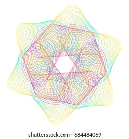 Guilloche Rosette Vector. Decorative Abstract Rosette Element For Diploma, Certificate, Money Or Passport. Guilloche Background Rosette. Vector Illustration. Thin wavy color lines on white background.