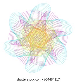 Guilloche Rosette Vector. Decorative Abstract Rosette Element For Diploma, Certificate, Money Or Passport. Guilloche Background Rosette. Vector Illustration. Thin wavy color lines on white background.