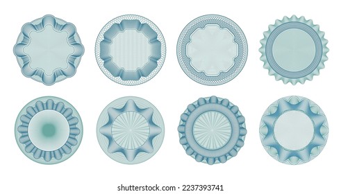 Guilloche rosettes, money banknote watermark frames for certificate, vector currency pattern. Guilloche rosette seal for bank note or bill and voucher, passport visa and diploma watermark frames