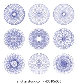 Guilloche set. It can be used as a protective layer for the certificates, diplomas, banknotes. Pattern Rosette for Fake Money or Other Security Papers - Vector Illustration. Sacred geometry.