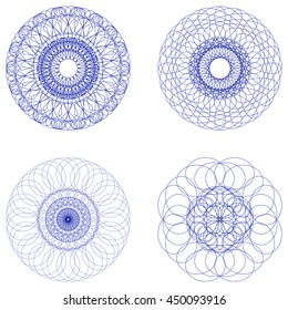 Guilloche set. It can be used as a protective layer for the certificates, diplomas, banknotes. Pattern Rosette for Play Money or Other Security Papers - Vector Illustration.