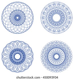 Guilloche set. It can be used as a protective layer for the certificates, diplomas, banknotes. Pattern Rosette for Fake Money or Other Security Papers - Vector Illustration. Sacred geometry.