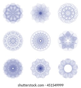 Guilloche set. It can be used as a protective layer for the certificates, diplomas, banknotes. Pattern Rosette for Fake Money or Other Security Papers - Vector Illustration.