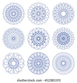 Guilloche set. It can be used as a protective layer for the certificates, diplomas, banknotes. Pattern Rosette for Play Money or Other Security Papers - Vector Illustration.