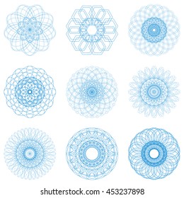 Guilloche set. It can be used as a protective layer for the certificates, diplomas, banknotes. Pattern Rosette for Play Money or Other Security Papers - Vector Illustration.