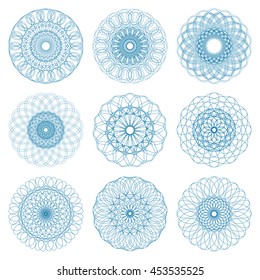 Guilloche set. It can be used as a protective layer for the certificates, diplomas, banknotes. Pattern Rosette for Fake Money or Other Security Papers - Vector Illustration.