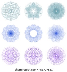 Guilloche set. It can be used as a protective layer for the certificates, diplomas, banknotes. Pattern Rosette for Fake Money or Other Security Papers - Vector Illustration. String art.