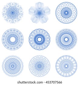 Guilloche set. It can be used as a protective layer for the certificates, diplomas, banknotes. Pattern Rosette for Play Money or Other Security Papers - Vector Illustration.