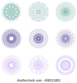 Guilloche set. It can be used as a protective layer for the certificates, diplomas, banknotes. Pattern Rosette for Play Money or Other Security Papers - Vector Illustration.